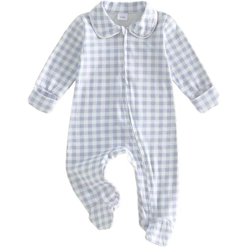 BULINGNA Newborn Baby Boy Girl Gingham Footed Romper Peter Pan Collar Infant Long Sleeve Zipper Jumpsuit Coming Home Outfit