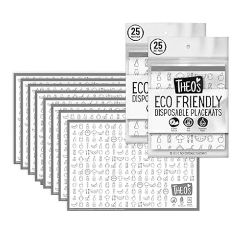 THEO'S 50 Pack Stick on Disposable Table Mats for Kids & Baby Led Weaning | Large 12" x 18" Restaurant Placemats in Re-usable Travel Pouch