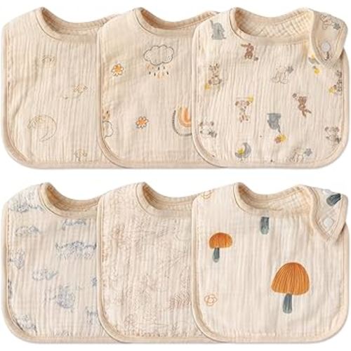 Zainpe 6Pcs Snap Muslin Cotton Baby Bibs Rabbit Bear Sheep Pattern Bandana Drool Cloths Soft Absorbent Adjustable Burp Cloth Feeding Bib for Newborns Girls Boys Toddlers Teething Eating 0 to 36 Months