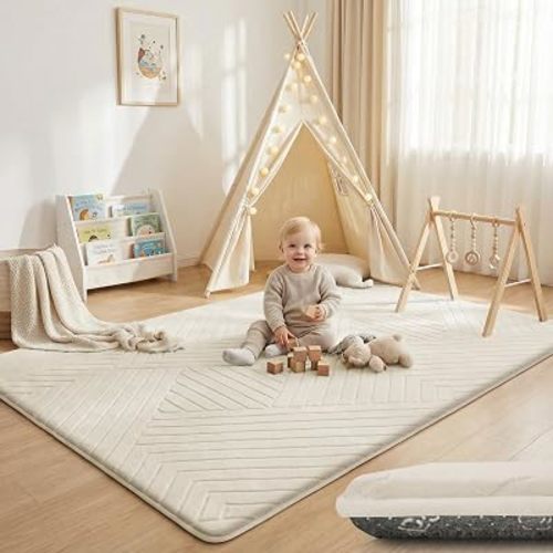 Baby Play Mat for Floor 1.3" Thick Soft Floor Play Mats for Toddler Infant Kids Crawling, 79"x 118" Nursery Mat Bedroom Living Room Waterproof Easy Care Non-Slip (Ivory)
