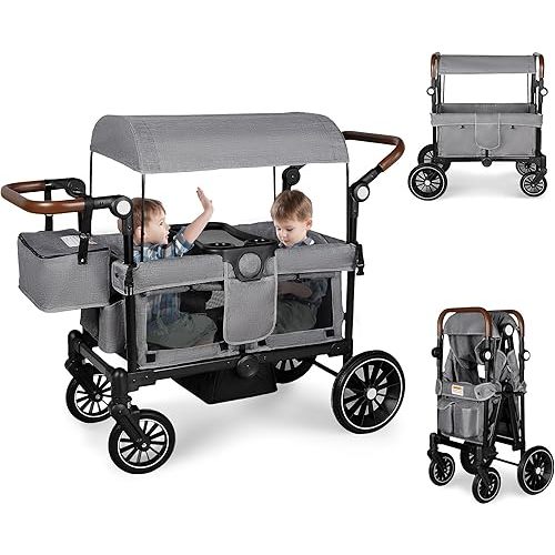 Wagon Stroller for 2 Kids, Collapsible All-Terrain Stroller Wagon, Kids Wagon Cart Featuring with Harnesses, Adjustable Double Push Handle and Removable Canopy, Convert to Baby Bassinet, Grey