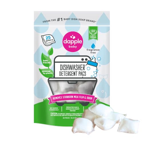 Dapple Baby - Dishwasher Detergent Pods - 25 Count | Fragrance-Free, Hypoallergenic & Plant-Powered Dishwasher Pacs, Removes Milk Residue From Baby Bottles
