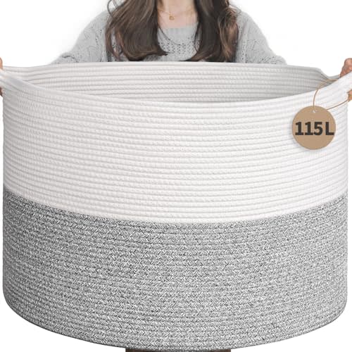 INDRESSME 115L Extra Large Blanket Basket, Soft Cotton Rope Storage Basket for Organizing, Home Decor, Toys, Laundry & Towels, Toy Storage Organizer for Living Room & Nursery, Light Grey