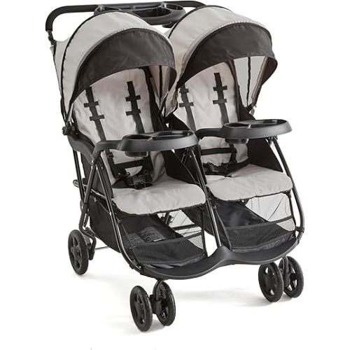 Kolcraft Cloud Plus Lightweight Double Stroller Side-by-Side for Infant Toddler, Compact Folding Travel System with Reclining Seats, Canopies, Storage Basket, Trays, Easy Maneuver - Slate Gray