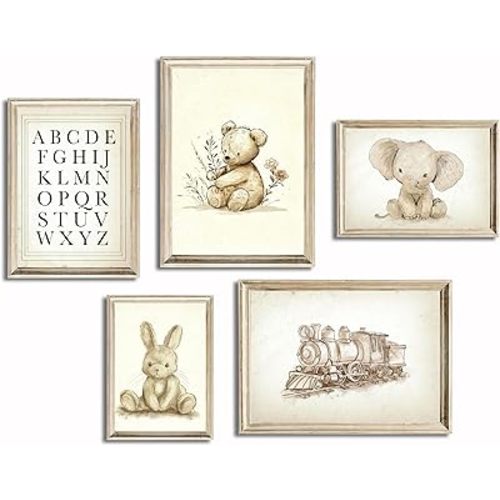 Vintage Nursery Wall Art Cute Animals Canvas Posters Prints Bear Rabbit Elephant Painting Artwork Retro Farmhouse Children's Playroom Educational enlightenment Wall Decor 8x10 Inch Unframed Set Of 5