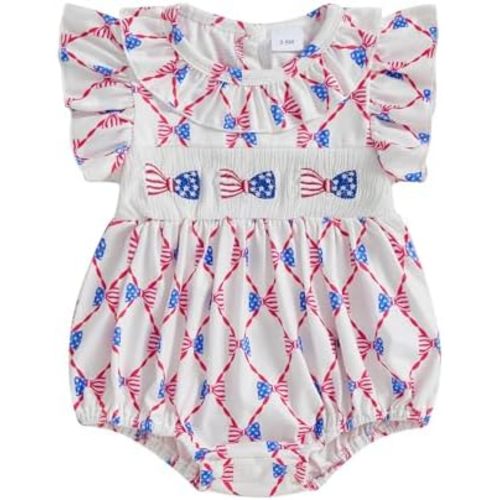 Fourth Of July Baby Girl Outfit Infant Bow Stars Smocked Romper Newborn USA Bodysuit Toddler 4th Of July Clothes