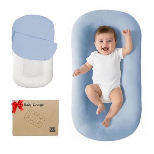 Lucakuins Baby Lounger, Bionic Design Baby Lounger for Newborn 0-24 Months, Soft Organic Cotton Breathable Lounger for Infants (Blue Newborn Lounger)