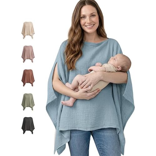 Konssy Muslin Nursing Cover for Breastfeeding, 360° Full Privacy Breathable 100% Cotton Breastfeeding Cover, Multi-use Carseat Canopy(Blue)