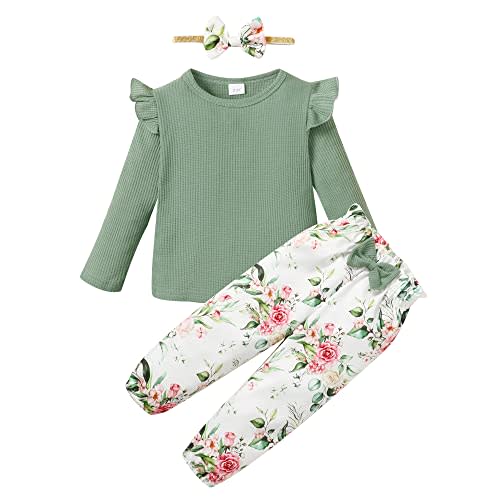 YALLET Toddler Girl Clothes 1-6Y Outfits Baby Clothing Fall Winter 3Pcs Set | Cotton Blend, Solid Color Long Sleeves Ruffle Top +Floral Pants +Headband,No Closure, 12-18、18-24 Months,2-3T,3-4T,4-5T,5-6Y