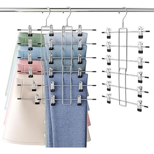 Pants Hangers with Clips, 6 Tier Skirt & Pants Hangers Space Saving,Closet Organizers and Storage Skirt, Clothes & Pants
