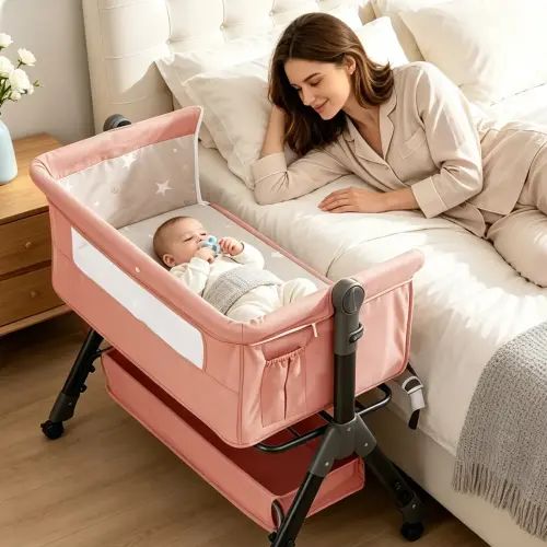 3-in-1 Unisex Baby Bassinet Bedside Sleeper - Adjustable Height, Rolling Aluminum Alloy Wheels, Portable Travel Nursery Furniture, Mesh Design for 0-18 Months Infants & Toddler Beds (summersale), Compact, Alloy Frame, Bassinet For Baby, Baby Nursery - Tik