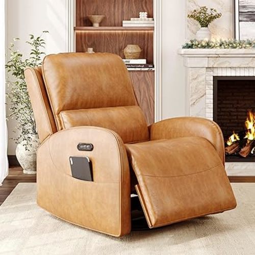 iPormis Power Recliner Chair, Leather Electric Swivel Rocker Recliner Chair with Power Headrest/Lumbar Support/Charging Ports for Adults, Recliner Single Sofa Chair for Living Room/Bedroom, Brown