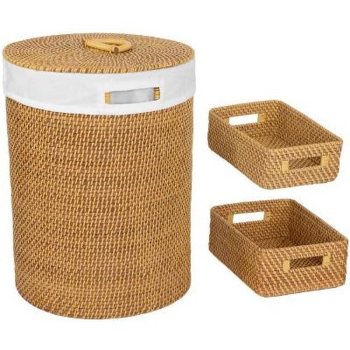 Seville Classics Rattan Wicker Handwoven Round Laundry Hamper 3 Piece Set