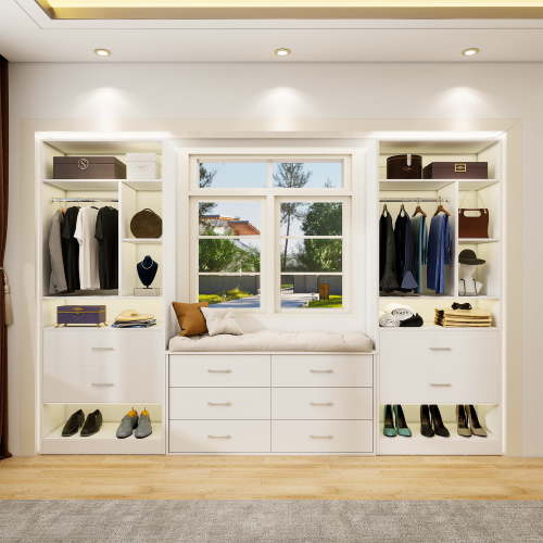 Homieasy Freestanding 24" Closet System with 2 Wood Drawers, 2FT Small Closet Organizer System with 6 Shelves & Hanging Rod, Walk-in Closet Systems for Small Closets, White