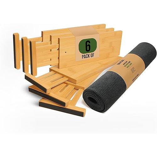 Adjustable Bamboo Drawer Dividers 6 Pack, Expandable Drawer Organizer for Kitchen, Bedroom, Bathroom and Dresser, Each Divider Expands from 12" to 17.5" Height 4.5 – Free Mat Included in Package.