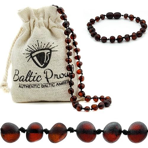 Baltic Proud Amber Necklace and Bracelet Gift Set (Unisex Cherry Raw 12.5 Inches/5.5 Inches) - Certified Premium Quality Raw Baltic Sea Amber