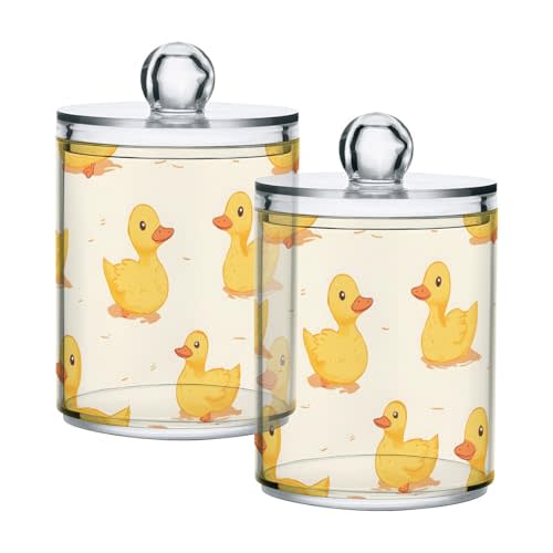 2 Pack Qtip Holder Organizer Dispenser Ducks Yellow Bathroom Storage Canister Cotton Ball Holder Container for Cotton Pads/Swabs/Floss