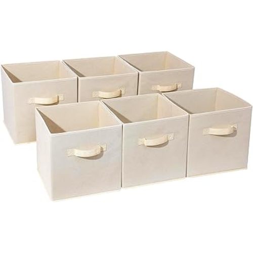 Basics Fabric Clothing Storage Bins - 10.6" x 10.6" x 11" - Collapsible Storage Cubes Organizer with Handles, Linen Foldable Storage Baskets Cloth Box Containers, Closet Organizers 6PC Beige