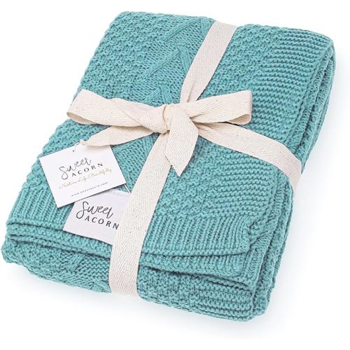 Knit Baby Blanket in Cable Pattern, Organic Cotton Blankets for Crib or Stroller, Receiving Blankets - Ocean Teal