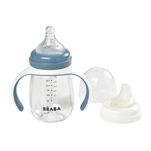BEABA 2-in-1 Baby Bottle to Transition Sippy Cup, No Spill Sippy Cup, Includes Removable Handles, Silicone Baby Bottle Nipple and Soft Spout, 7 oz (Rain)