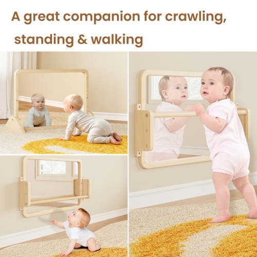 Woodtoe 3-in-1 Montessori Mirror with Bar, Adjustable Toddler Mirror &