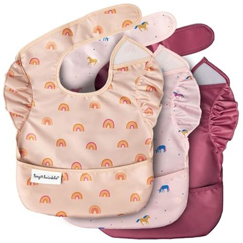 Tiny Twinkle Mess-Proof Baby Bibs for Eating | Waterproof, Wipeable Toddler Bibs with Catch-All Pocket | Feeding Bibs for Girls & Boys(3 Pack,Cherry Coquette,Strawberries,Raspberry Gingham)