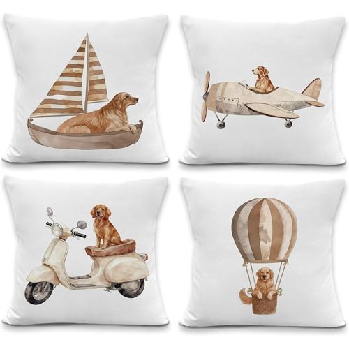 Golden Retriever Nursery Decor Pillow Covers 18x18 Set of 4, Dog Travel Theme Throw Pillow Covers, Gifts for Dog Lovers, Kids Decorative Pillowcases for Playroom Nursery Bedroom Sofa Couch