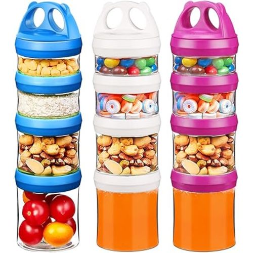 SELEWARE Portable Stackable Food Storage Containers for Snacks Formula Powder and Drinks Twist Lock System Airtight Leak-proof BPA and Phthalate Free Red Blue and White