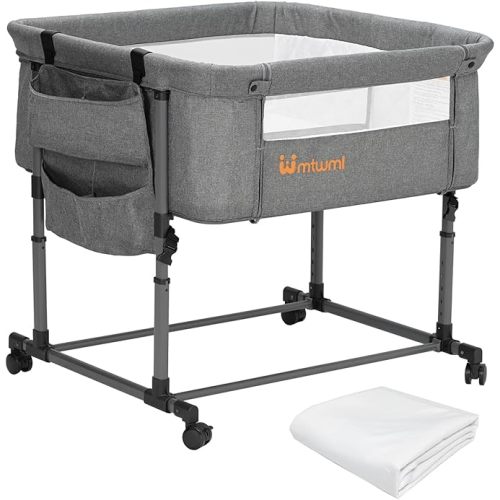 MTWML Twin Bassinet for 2 Babies,Portable Twins Crib with Storage Bag and Replaceable Mattress Cover,Adjustable Height Double Bedside Crib Attaches to Bed with Strap for 0-6 Months (Deep Grey)