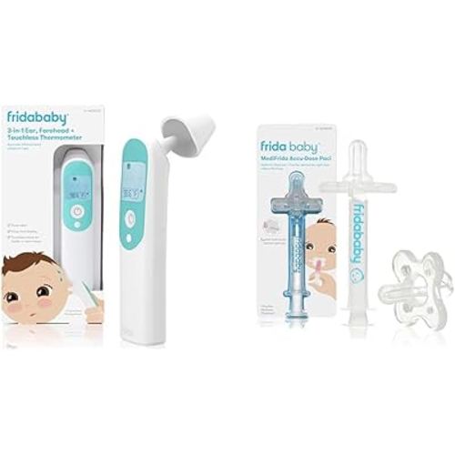 Frida Baby Thermometer, 3-in-1 Infrared Thermometer for Ear, Forehead & Touchless + Frida Baby Medicine Pacifier, Medicine Syringe & Accu-Dose Pacifier