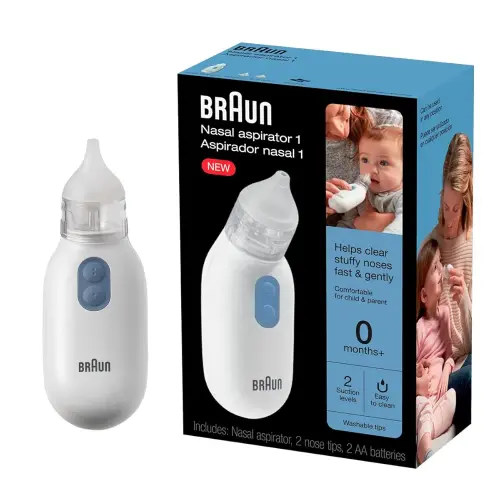 Braun Electric Nasal Aspirator - Mucus Remover, Blocked Nose Relief for Newborn, Baby and Toddler, Electric Suction Power, 2 Suction Levels, 2 Nose Tip Sizes, Dishwasher Safe, FSA and HSA Eligible