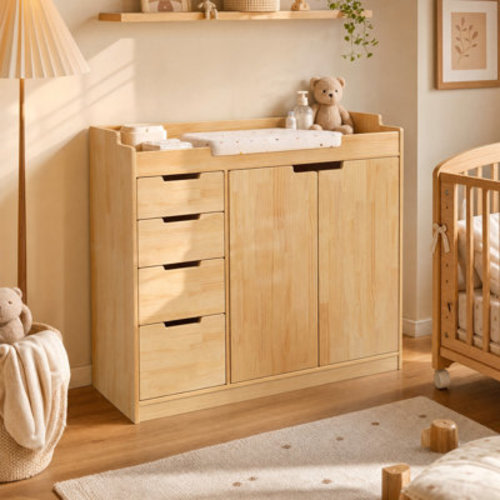Solid Wood Baby Changing Table | Spacious Countertop, 4 Drawers & Double-Door Cabinet | Wayfair