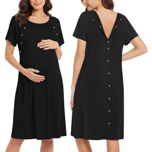 Women’s Nursing/Delivery/Labor/Hospital Nightdress Short Sleeve Maternity Nightgown with Button S-XXL