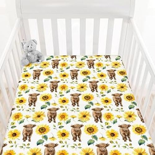 HawSkgFub Highland Cow Sunflower Fitted Standard Crib Sheet for Baby Girl, Fall Western Farm Animal Yak Flower Toddler Mattress Cover, Soft Stretchy Nursery Bed Sheets Floral Decor Kids Gift 52" x 28"