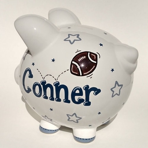 Large Personalized Football Piggy Bank - Customizable handpainted gift for boys navy gray 8 in Kids birthday party gift idea for sports room