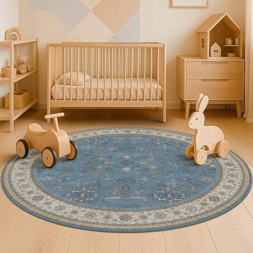 Blue Round Nursury Rug 6ft - Floral Circle Rug for Kids Room, Playroom, Bedroom, Living Room, Washable Low Pile Non Slip Stain Resistant, Dark Blue with Brown Accent Indoor Aesthetic Décor