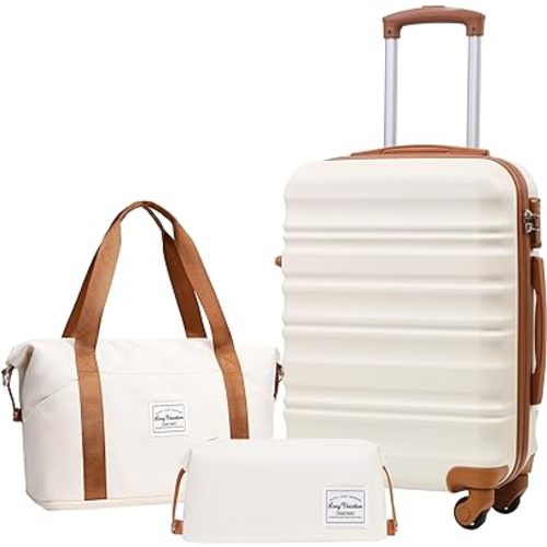 LONG VACATION Carry On Luggage Sets 3 Piece 20 Inch Suitcase Set, ABS+PC Hardshell Lightweight Travel Luggage with Spinner Wheels & YKK Zipper TSA Lock (BEIGE-BROWN, 20 Inch)