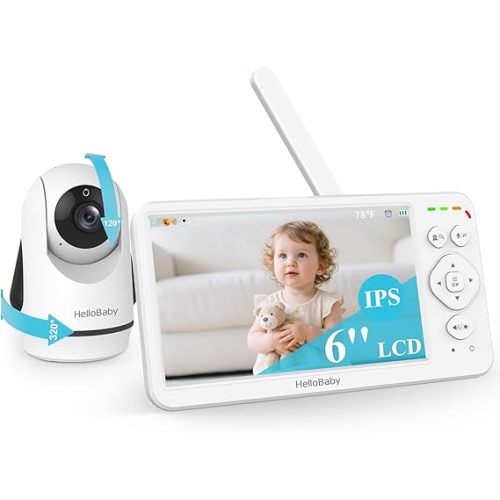 HelloBaby Baby Monitor with Camera & Audio,6" Global First IPS Display 30H Battery, Video Baby Monitor No WiFi,2-Way Talk,ECO,Pan Tilt & Night Vision,1000ft, for Parents, Elderly & Pets This Christmas