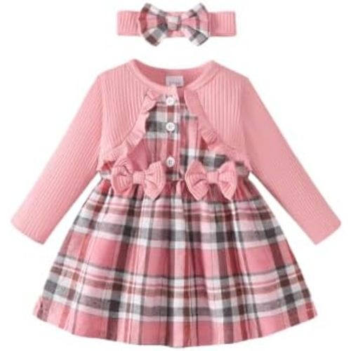 Renotemy Baby Girl Dress Fall Button Bow Outfits Toddler Clothes 3M-3T