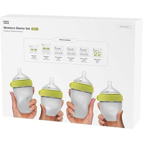 Comotomo Newborn Starter Set - 12 Piece Baby Bottle Gift Set, Green