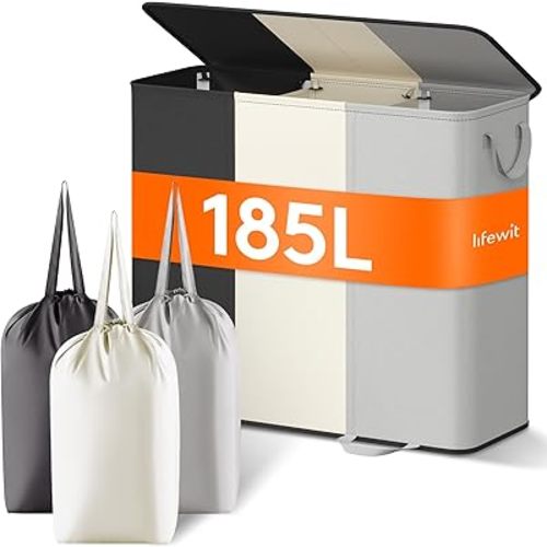 Lifewit Triple Laundry Hamper with Lid and Removable Laundry Bags, Large Collapsible 3 Dividers Dirty Clothes Basket with Handles for Bedroom, Laundry Room, Closet, Bathroom, 185L Black&White&Gray