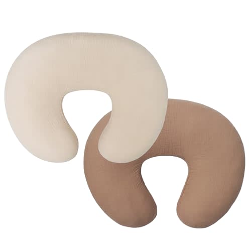 OWLOWLA Muslin Nursing Pillow Cover,2Pack Soft Cotton Nursing Cover Set Fits Breastfeeding Pillow for Baby Boy Girl(Natural&Caramel)