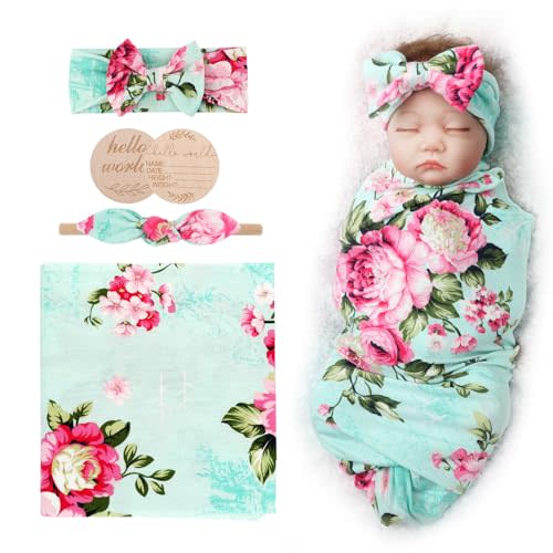 AQOKKA Newborn Receiving Blanket Baby Girl Swaddles Wraps with Bow Hat Headband Wooden Card for Newborns Toddler Gift Baby Essentials