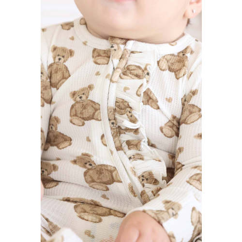 Beary Sweet Bamboo Waffle Zipper Ruffle One-Piece Footie | Caden Lane