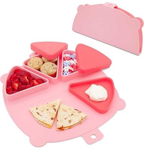 Silicone On-The-Go Snack Mat – Foldable Reusable Placemat with 3 Compartments and Lids – Travel-Friendly Baby and Toddler Snack Plate – Dishwasher Safe (Cotton Candy)