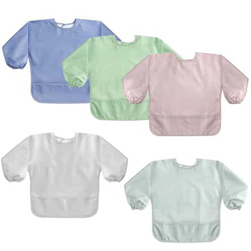 POIKSHARK 4 Pack Long Sleeve Bib, Reusable Bib with Catch-all Pocket
