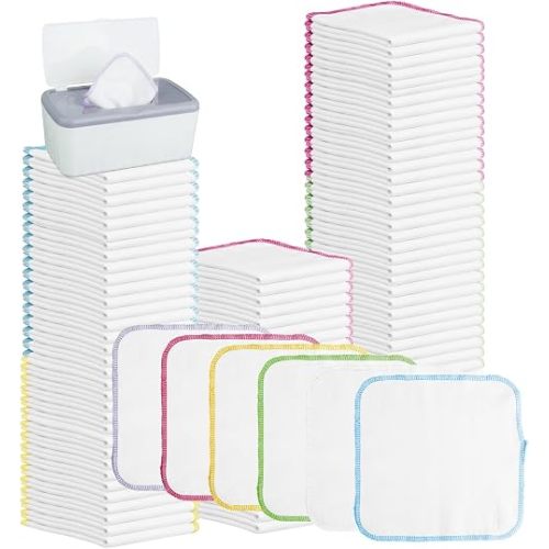 120 Pcs Flannel Cloth Baby Wipes, Reusable Tissues Hand Washcloth with Dispenser, Washable Natural Soft Washcloth, 8x8 Inch Reusable Baby Wipes for Cloth Diapers