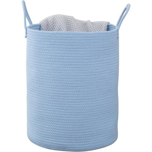 Woven Basket Nursery Laundry Hamper with Handles, Clothes Storage Organizer, Woven Basket for Boy Room Decor, Toy & Blanket Storage Bin, 15x15x18 Inch,Blue,1pc