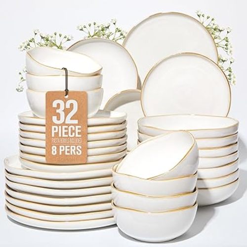 Pokini 32 Piece White Dinnerware Set with Pasta Bowls, Reactive Glaze Stoneware for 8 | Perfect for Multi‑Course Dinners, Hosting Large Groups, Holiday Serving Needs