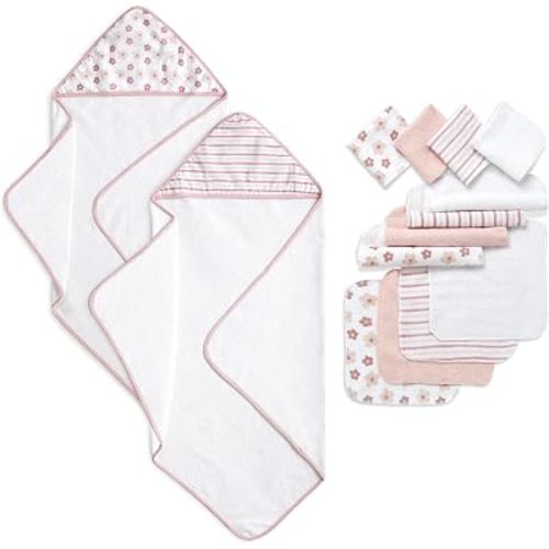 Dream On Me 14-Piece Baby Hooded Towel & Washcloth Set in Blush Pink Floral